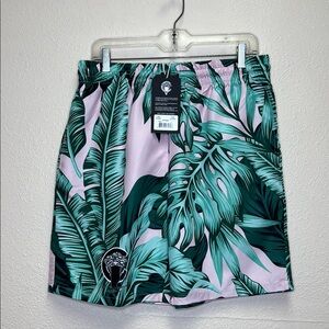 Crooks & Castles Men’s Green and Pink Board Shorts Tropical Style Size L